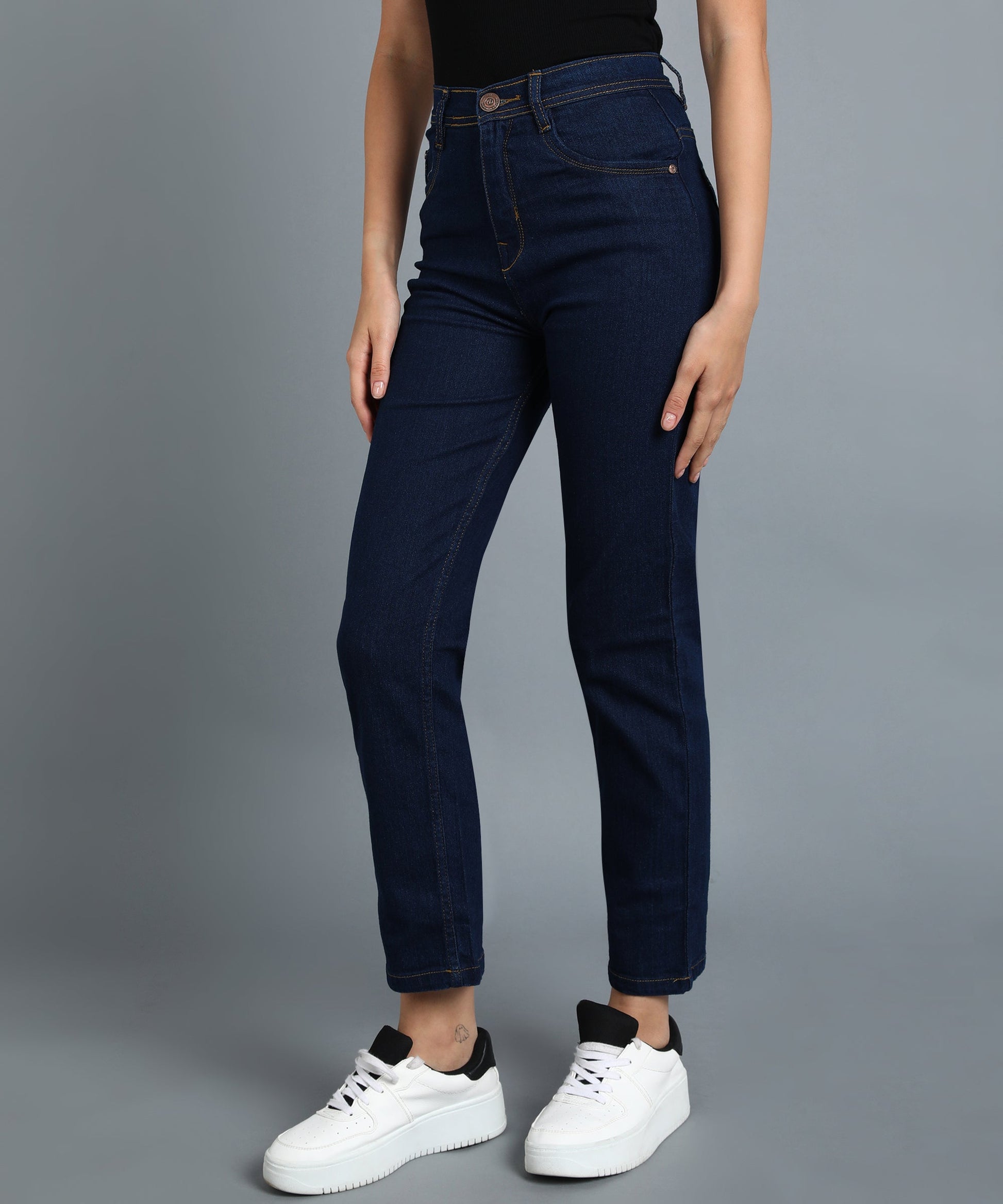 Basic Blue straight fit 5- pocket high rise jeans, clean look, zip fly with button closure, waistband with belt loops