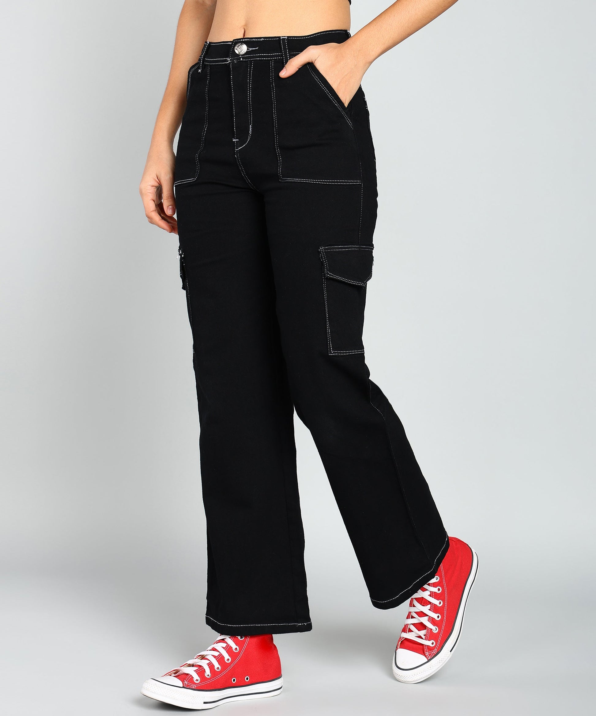 Straight Fit Stretchable Cargo Black Jeans - NiftyJeans