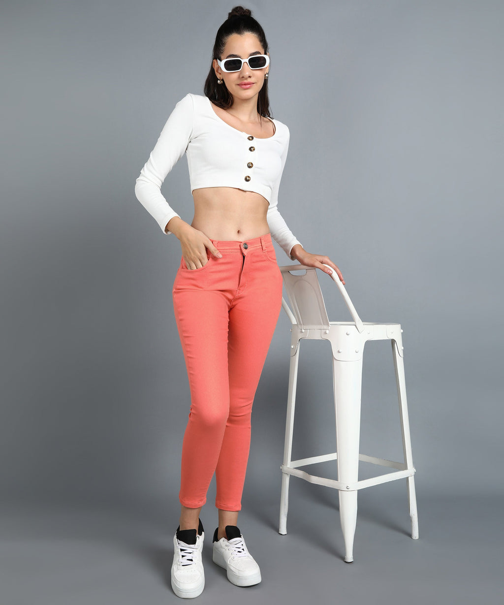 Tomato Red slim fit 5- pocket high rise jeans, clean look, zip fly with button closure, waistband with belt loops