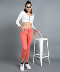 Tomato Red slim fit 5- pocket high rise jeans, clean look, zip fly with button closure, waistband with belt loops