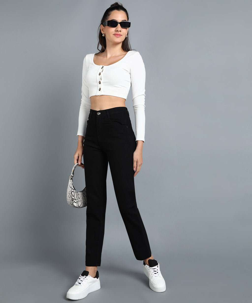 Black straight fit 5- pocket high rise jeans, clean look, zip fly with button closure, waistband with belt loops