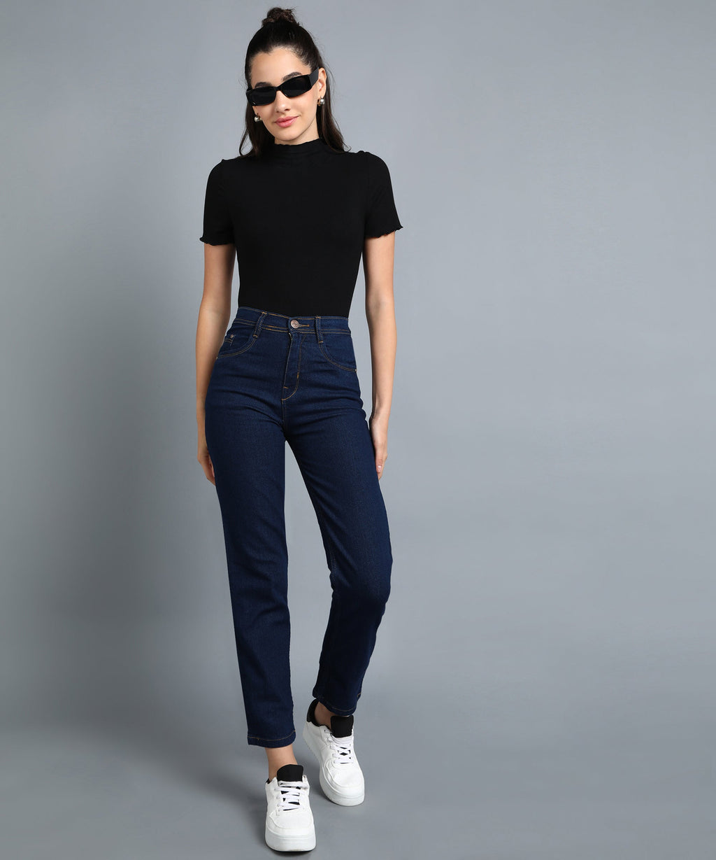 Basic Blue straight fit 5- pocket high rise jeans, clean look, zip fly with button closure, waistband with belt loops