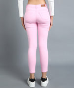Load image into Gallery viewer, Pink slim fit 5- pocket high rise jeans, clean look, zip fly with button closure, waistband with belt loops
