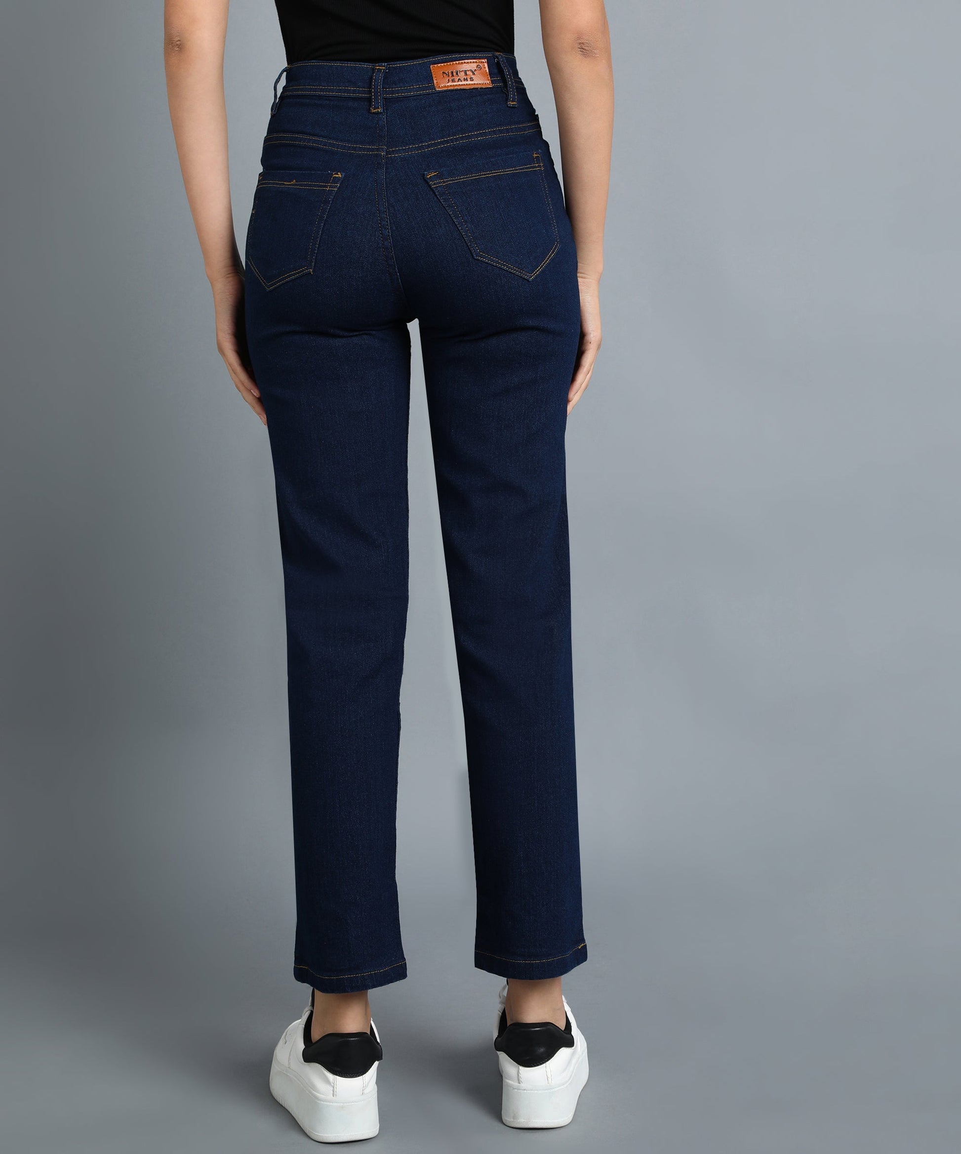 Basic Blue straight fit 5- pocket high rise jeans, clean look, zip fly with button closure, waistband with belt loops