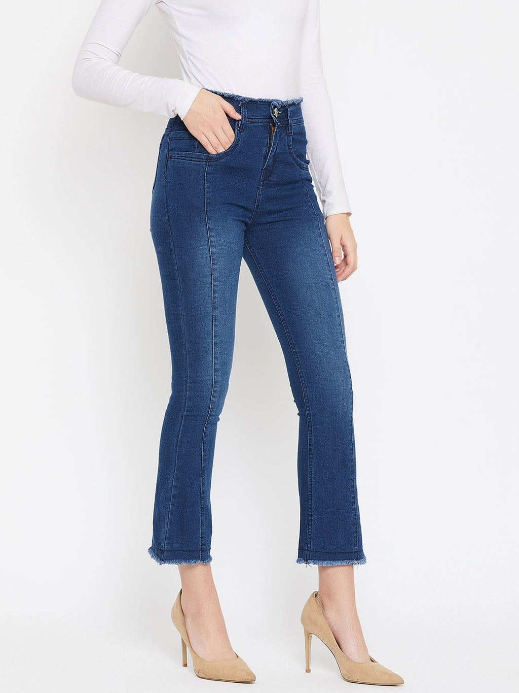 Bata blue slim fit 5- pocket high rise jeans, bootcut with light fade, frayed hems , zip fly with button closure, waistband with belt loops