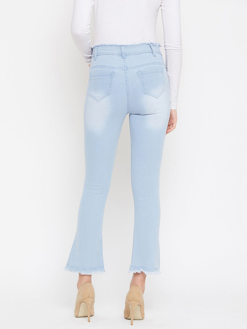 Sky blue slim fit 5- pocket high rise jeans, bootcut with light fade, frayed hems , zip fly with button closure, waistband with belt loops