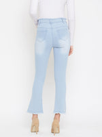 Load image into Gallery viewer, Sky blue slim fit 5- pocket high rise jeans, bootcut with light fade, frayed hems , zip fly with button closure, waistband with belt loops
