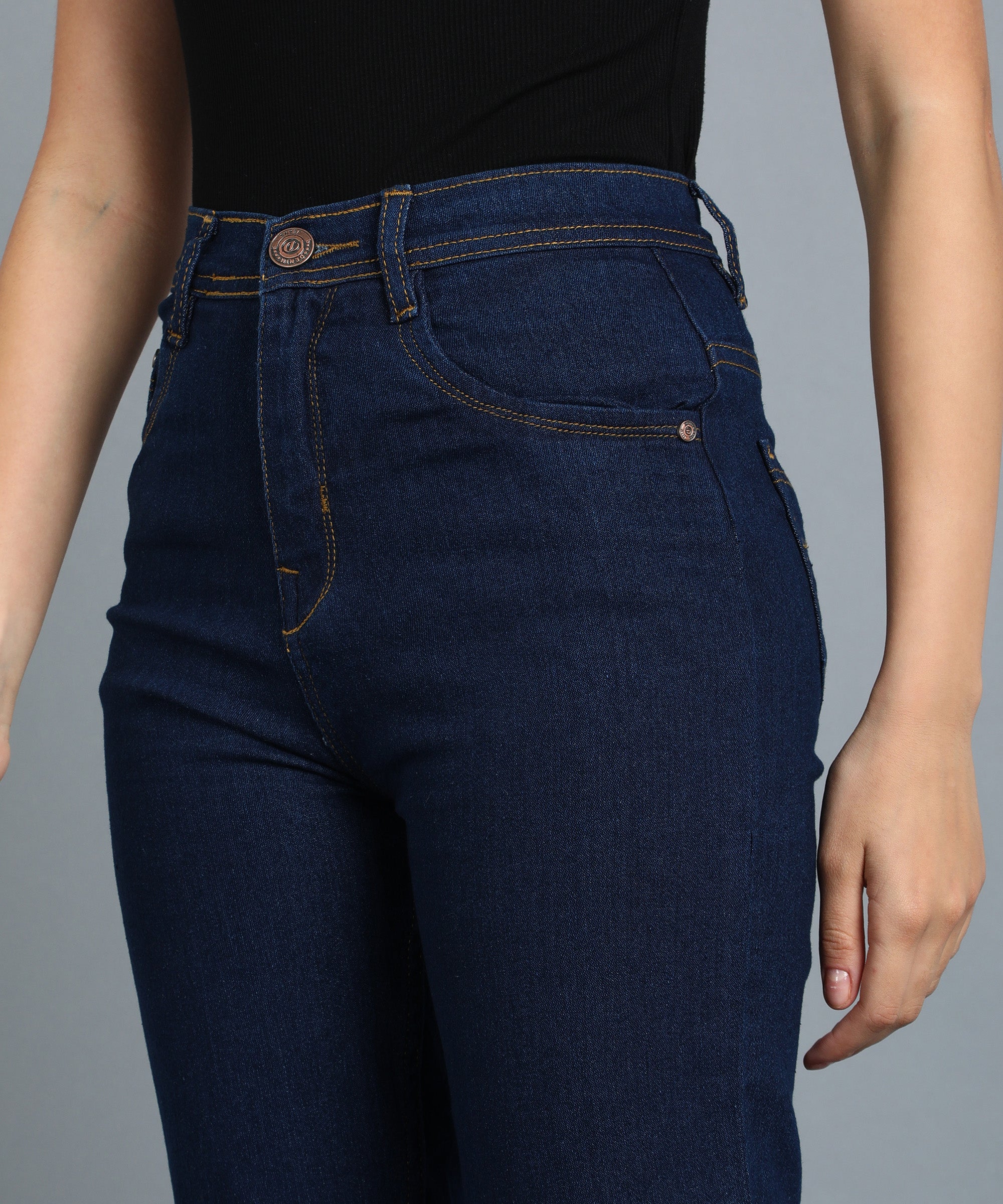 Basic Blue straight fit 5- pocket high rise jeans, clean look, zip fly with button closure, waistband with belt loops