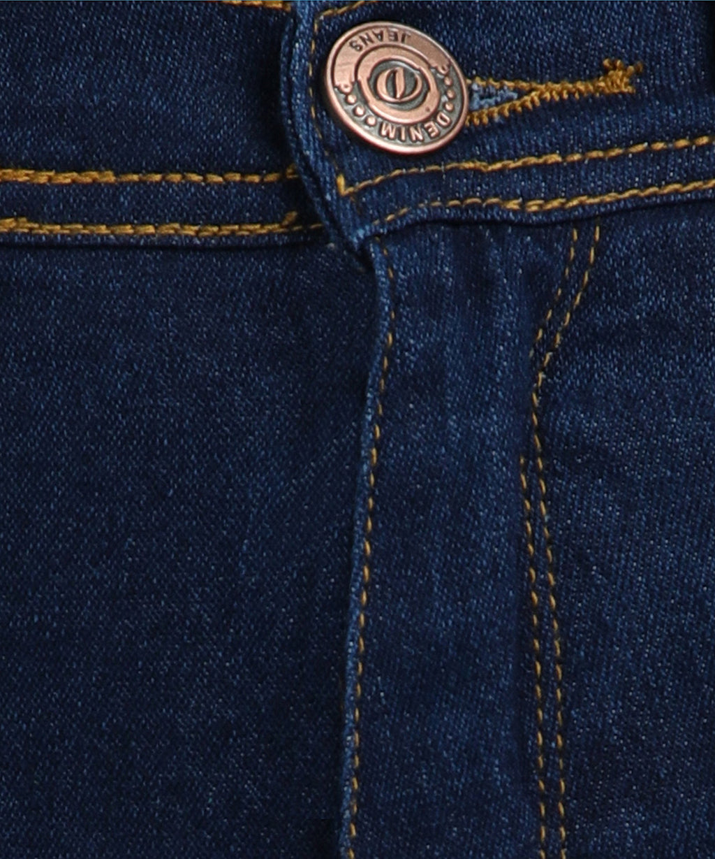 Basic Blue straight fit 5- pocket high rise jeans, clean look, zip fly with button closure, waistband with belt loops