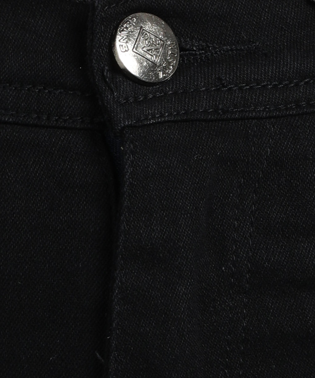 Black straight fit 5- pocket high rise jeans, clean look, zip fly with button closure, waistband with belt loops