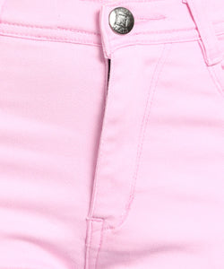 Pink slim fit 5- pocket high rise jeans, clean look, zip fly with button closure, waistband with belt loops