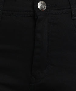 Jet black slim fit 5- pocket high rise jeans, clean look, zip fly with button closure, waistband with belt loops
