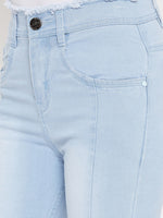 Load image into Gallery viewer, Sky blue slim fit 5- pocket high rise jeans, bootcut with light fade, frayed hems , zip fly with button closure, waistband with belt loops
