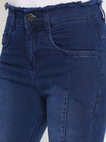 Load image into Gallery viewer, Basic blue slim fit 5- pocket high rise jeans, bootcut with light fade, frayed hems , zip fly with button closure, waistband with belt loops
