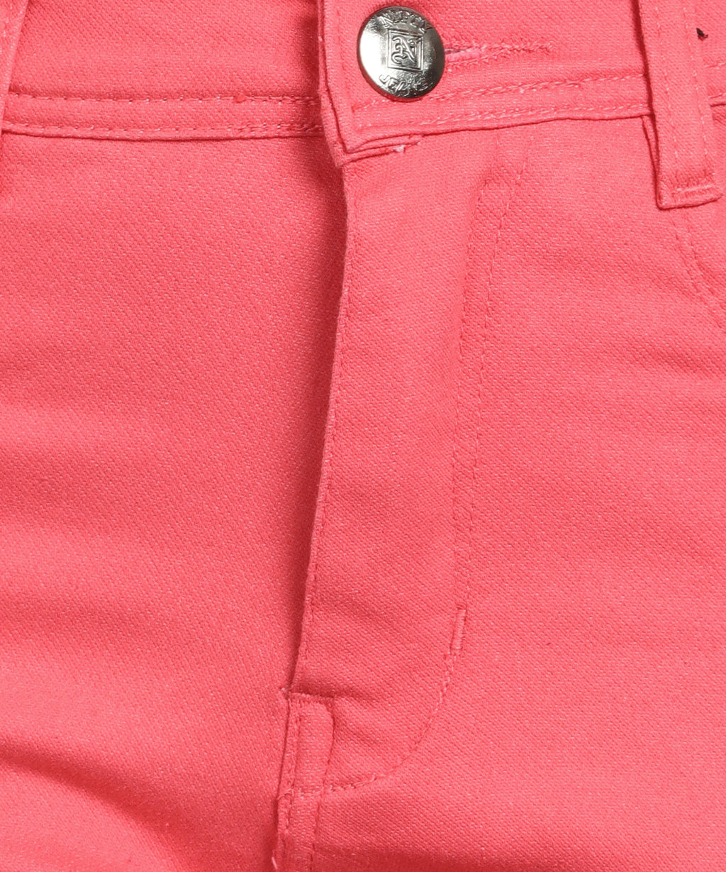 Red slim fit 5- pocket high rise jeans, clean look, zip fly with button closure, waistband with belt loops