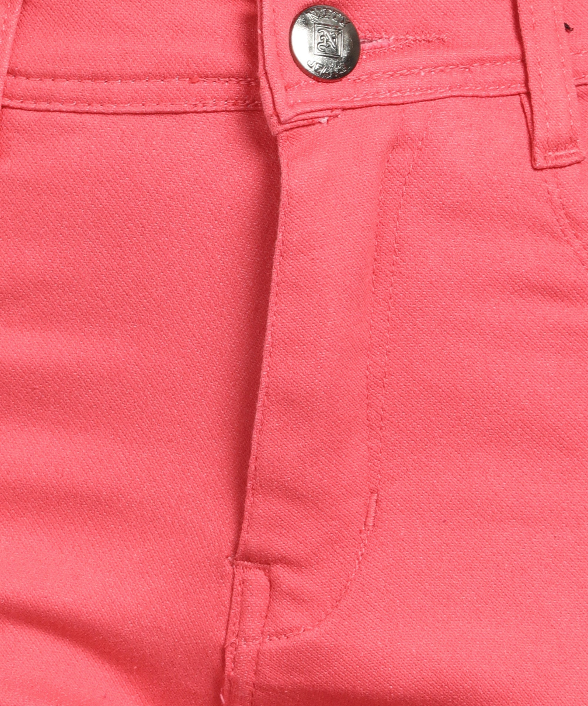 Red slim fit 5- pocket high rise jeans, clean look, zip fly with button closure, waistband with belt loops