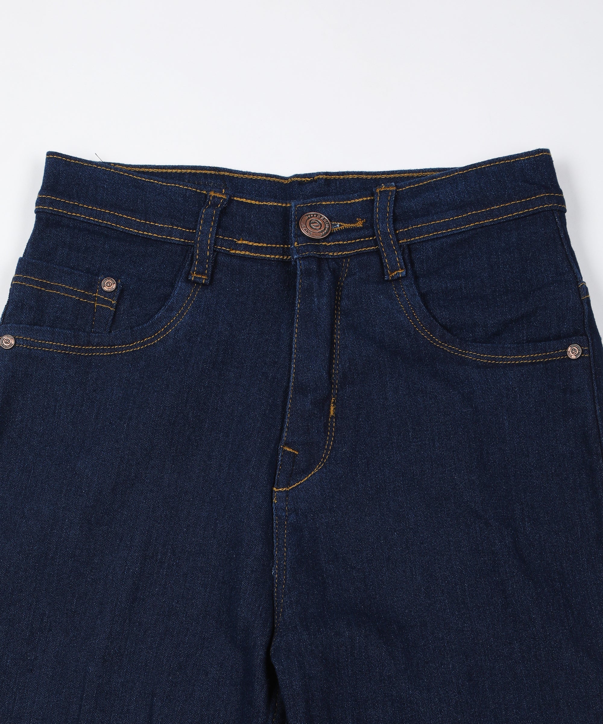 Basic Blue straight fit 5- pocket high rise jeans, clean look, zip fly with button closure, waistband with belt loops