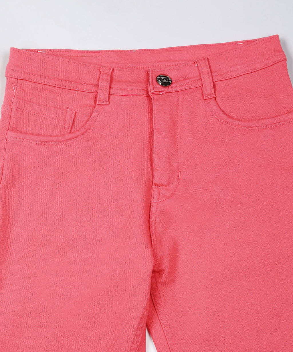 Red slim fit 5- pocket high rise jeans, clean look, zip fly with button closure, waistband with belt loops
