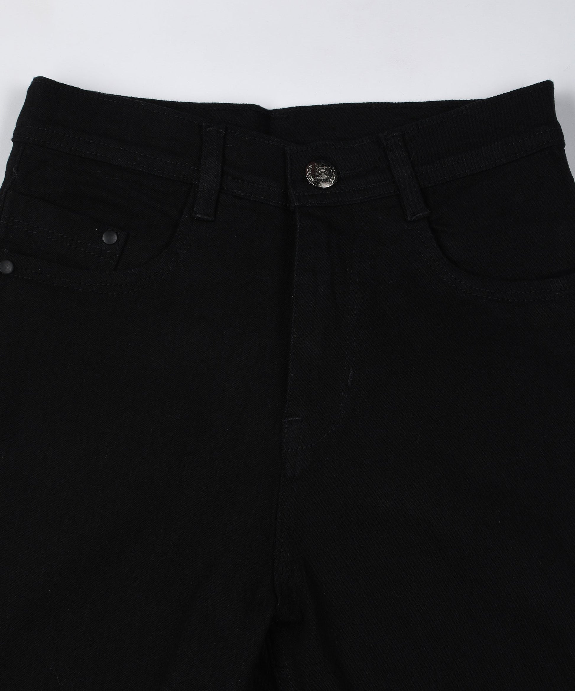 Jet black slim fit 5- pocket high rise jeans, clean look, zip fly with button closure, waistband with belt loops
