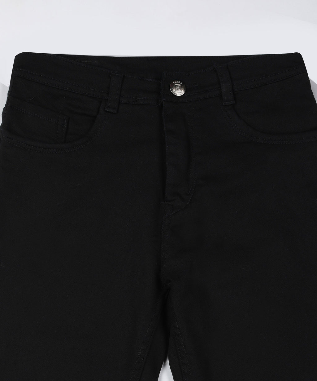 Black straight fit 5- pocket high rise jeans, clean look, zip fly with button closure, waistband with belt loops