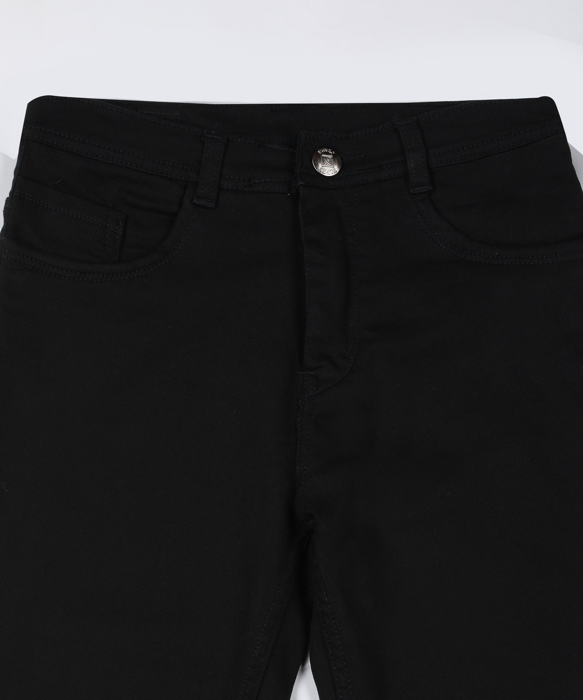 Black straight fit 5- pocket high rise jeans, clean look, zip fly with button closure, waistband with belt loops