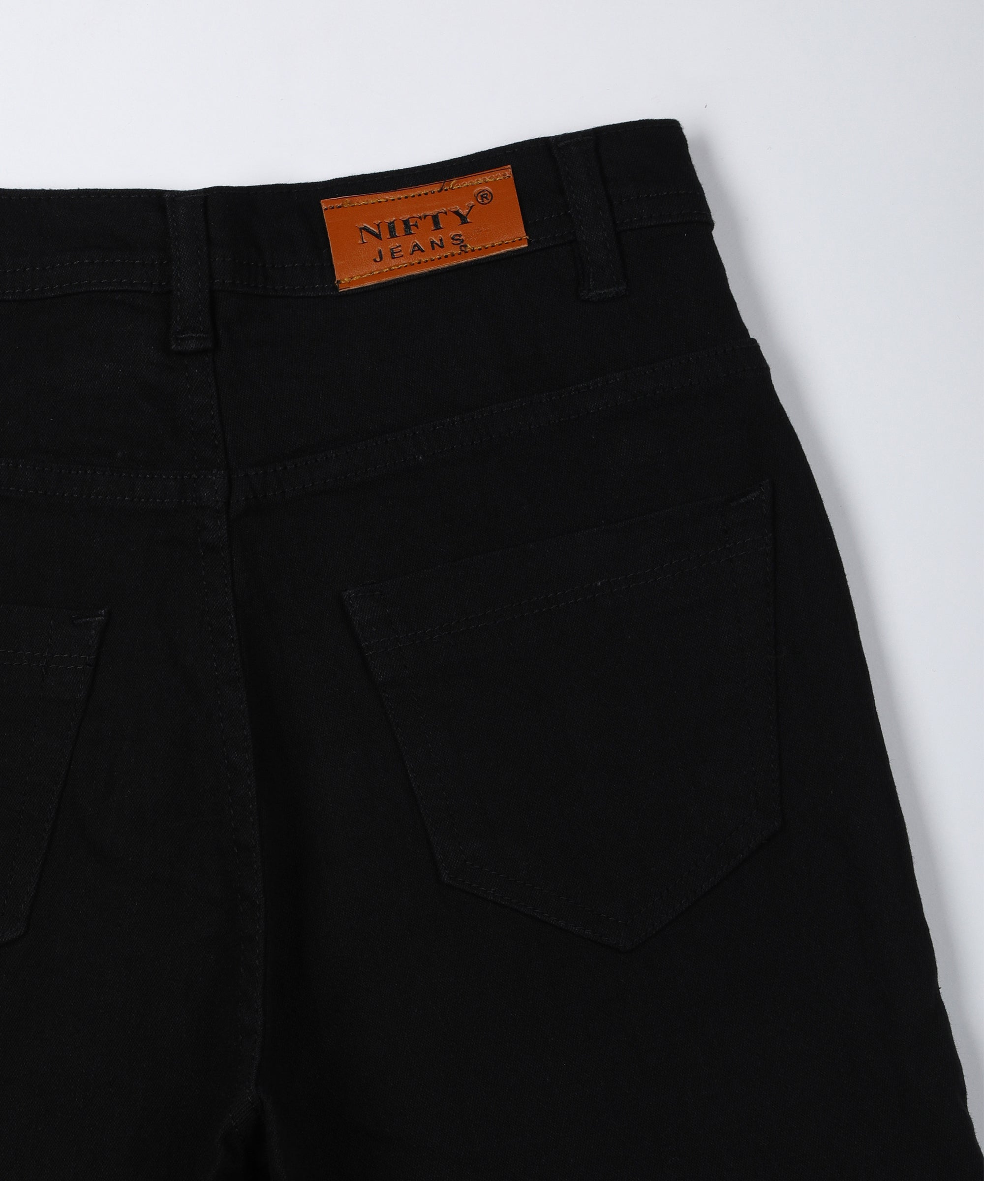 Jet black slim fit 5- pocket high rise jeans, clean look, zip fly with button closure, waistband with belt loops