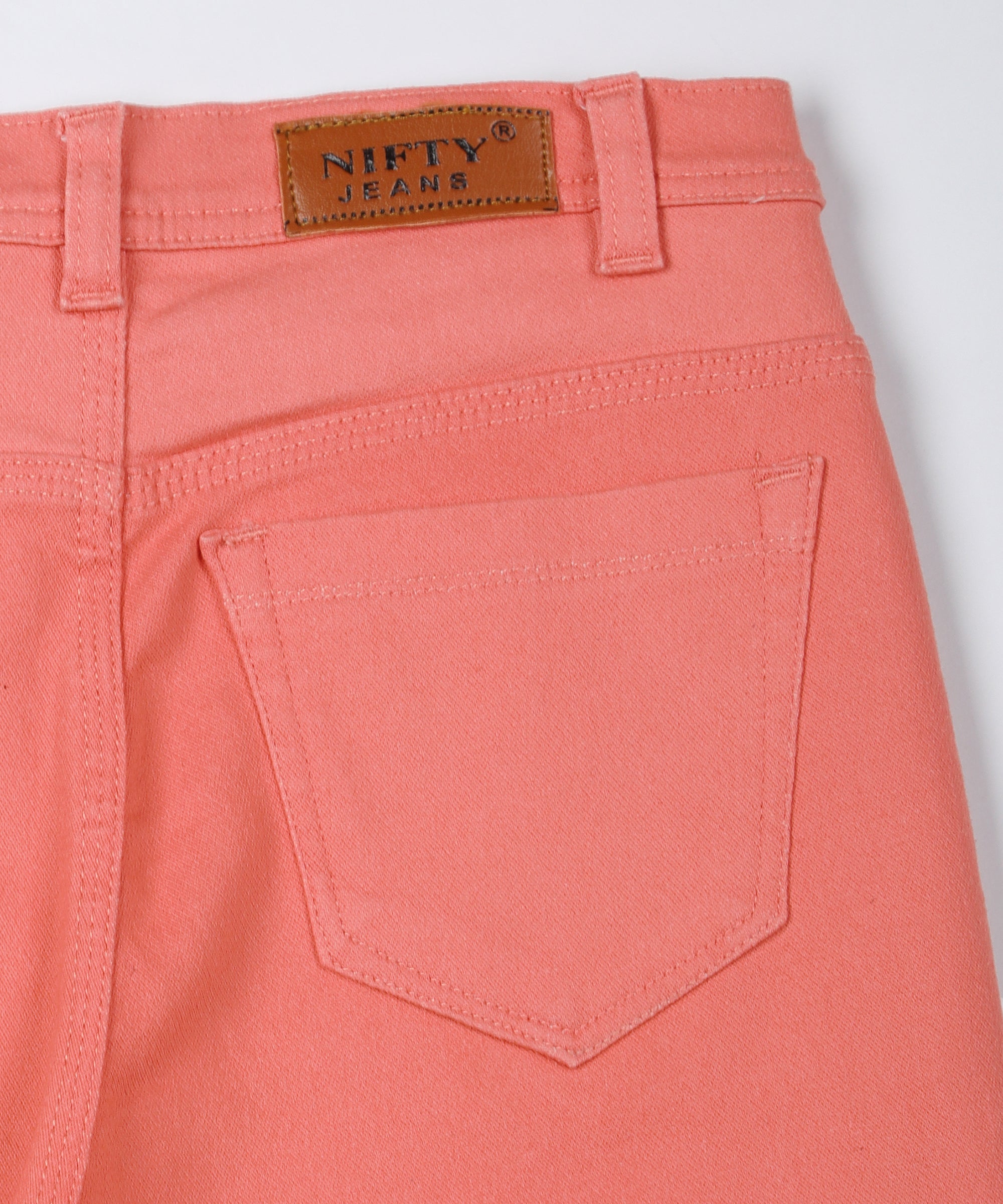 Tomato Red slim fit 5- pocket high rise jeans, clean look, zip fly with button closure, waistband with belt loops