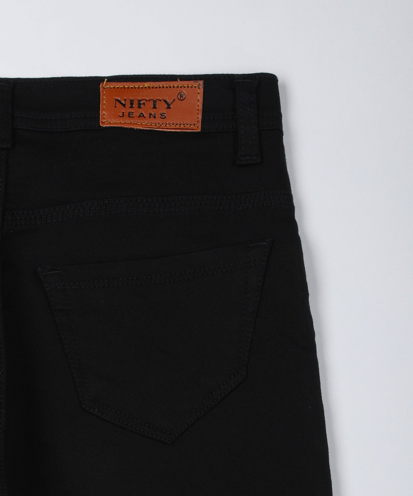 Black straight fit 5- pocket high rise jeans, clean look, zip fly with button closure, waistband with belt loops