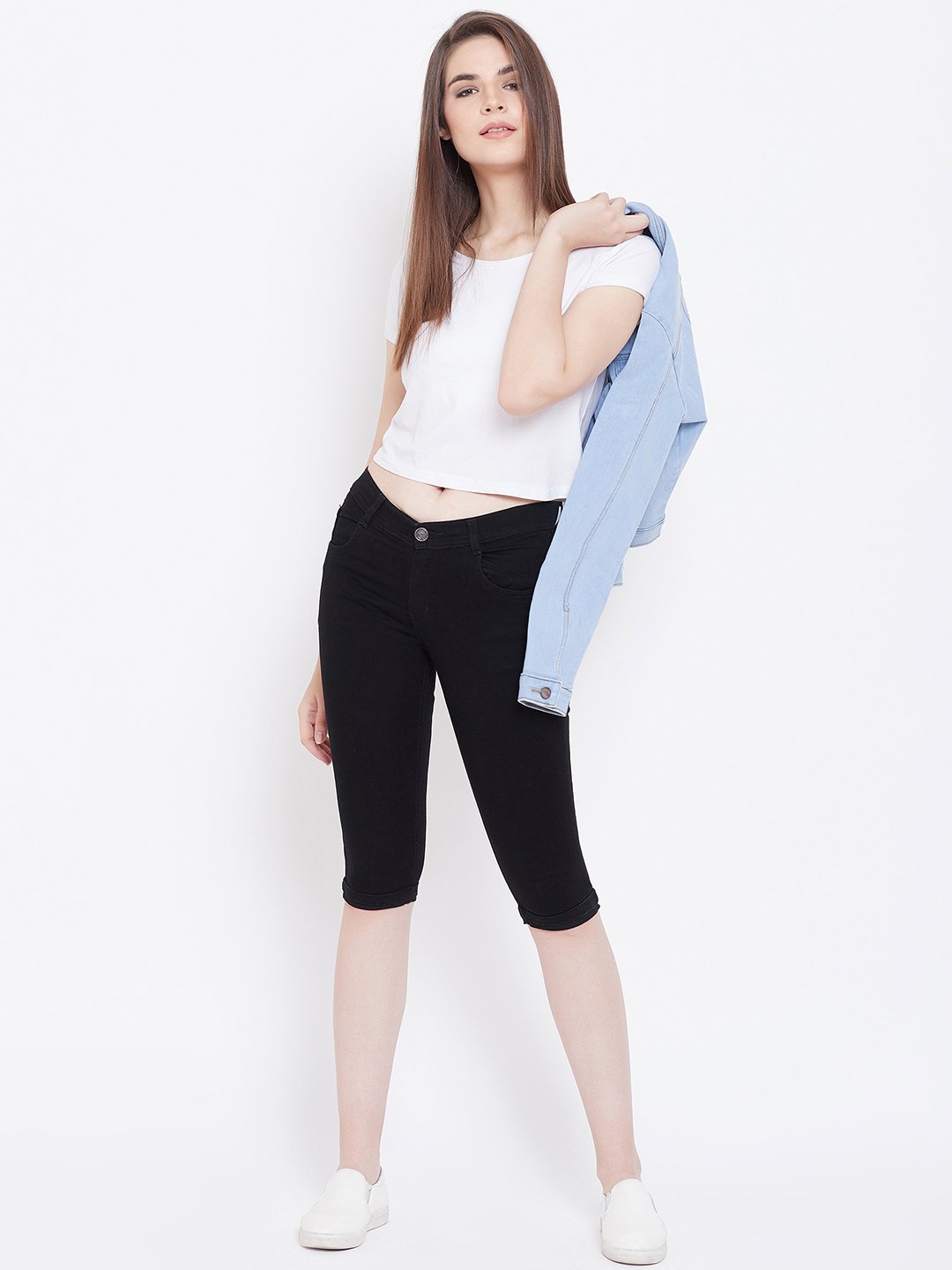 Slim Fit Stretchable Black Capris - NiftyJeans
